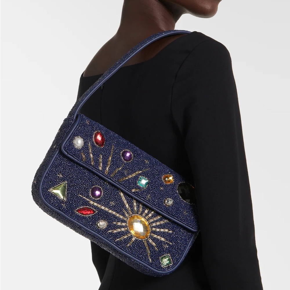 STAUD Navy Beaded Shoulder Bag with Multicolored Gem Embellishments - Picture 2 of 10
